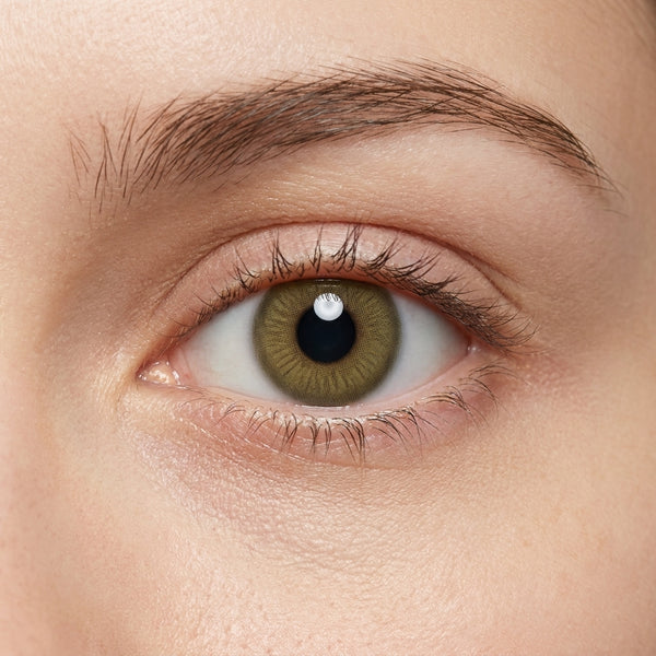 Orama Amber Wood colored contact lens shown on a single eye