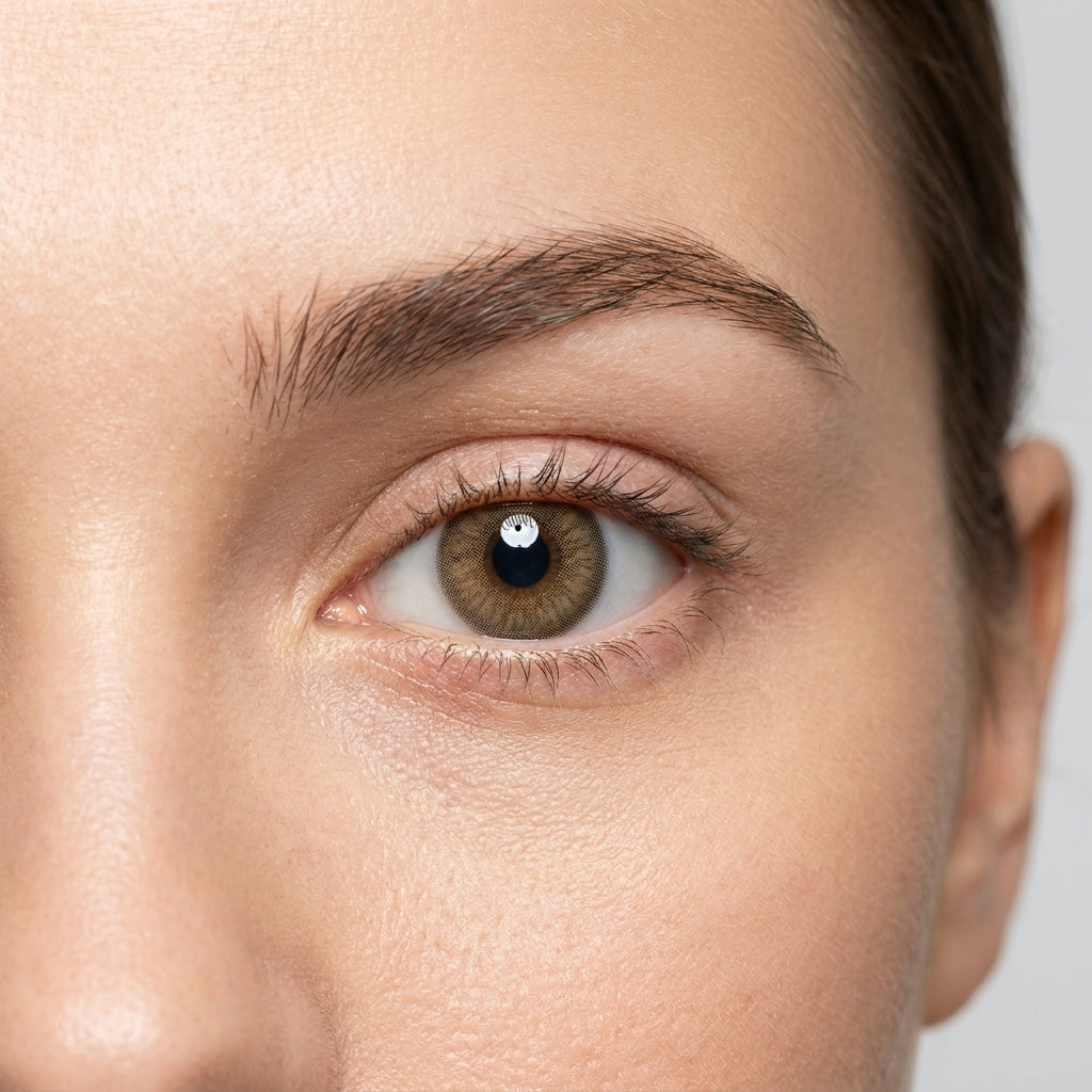 Orama Autumn Hazel colored contact lens shown on a single eye