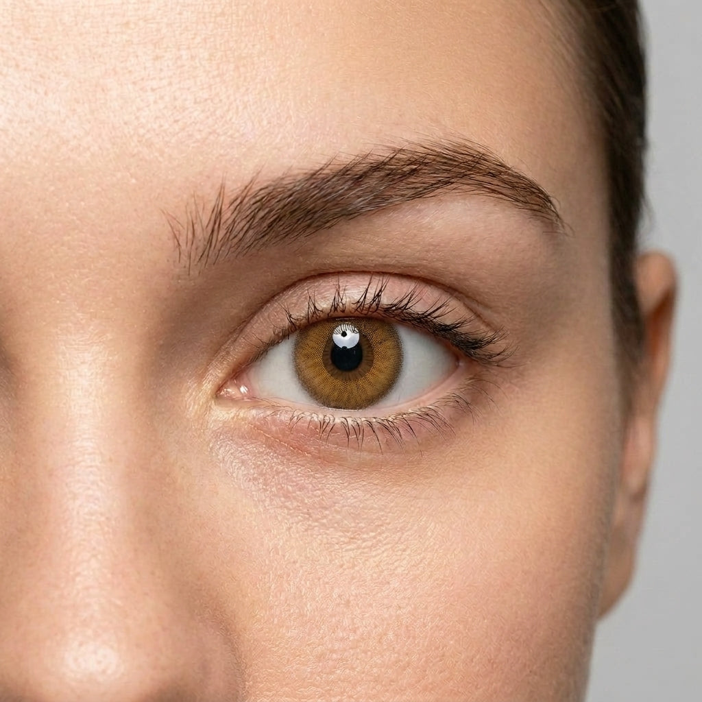 Orama Caramel Kiss colored contact lens shown on a single eye