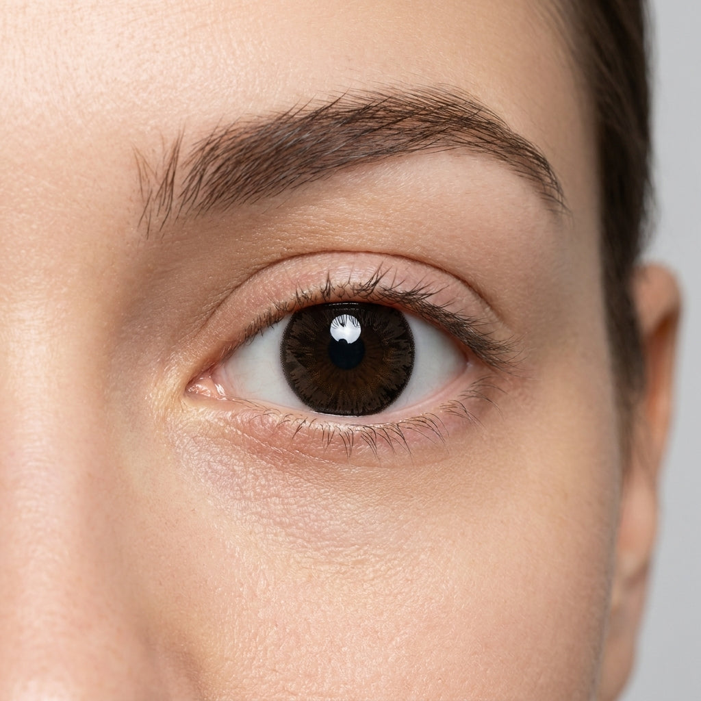 Orama Chocoa Charm colored contact lens shown on a single eye