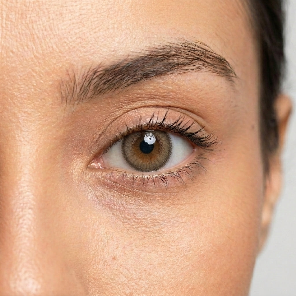 Orama Honey Wood colored contact lens shown on a single eye