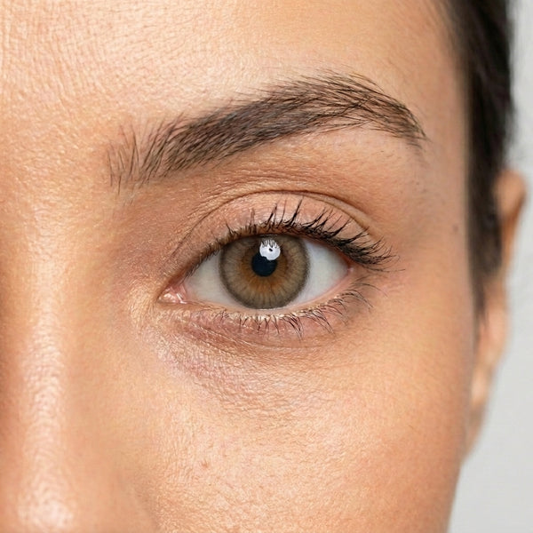 Orama Honey Wood colored contact lens shown on a single eye